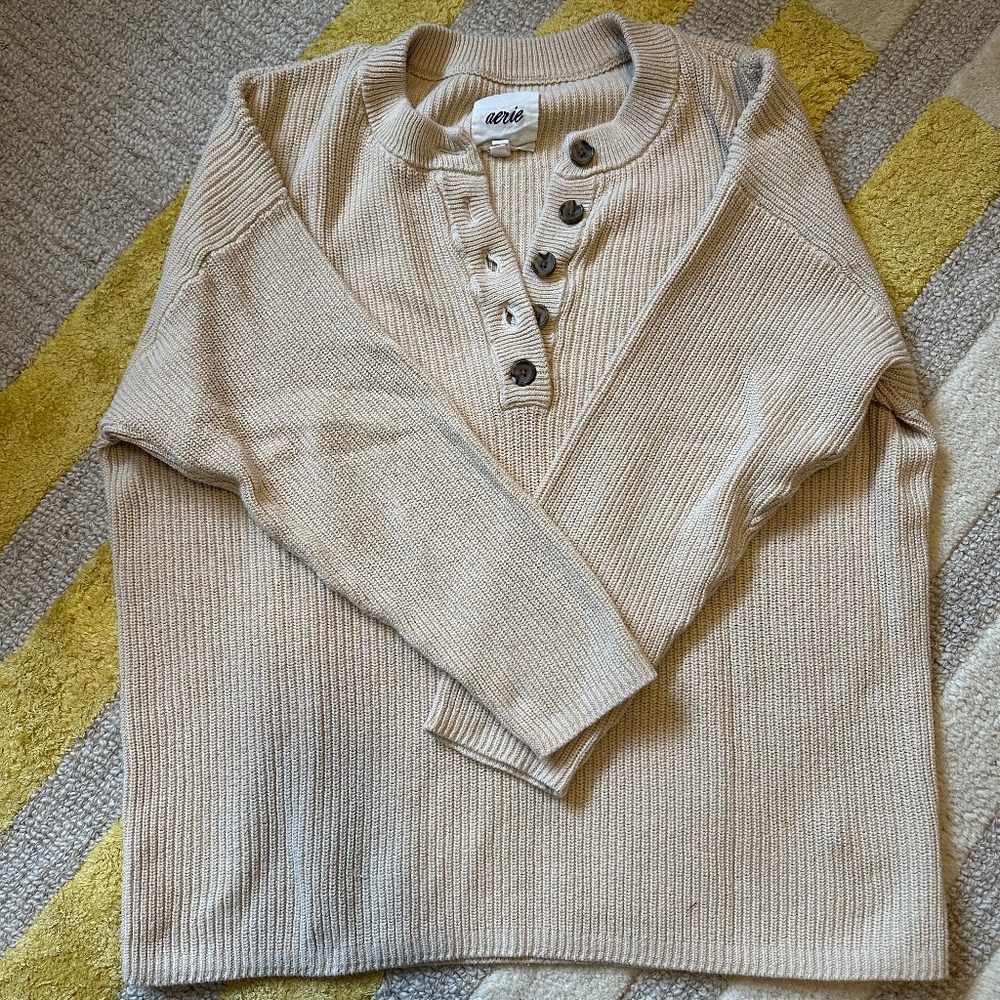 Aerie Oversized Henley Sweater Button Front Beige Cream American Eagle Size Smal